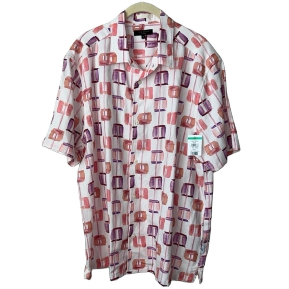 Ted Baker Painted Square Linen Blend Short Sleeve Button Down Top Size 5/L